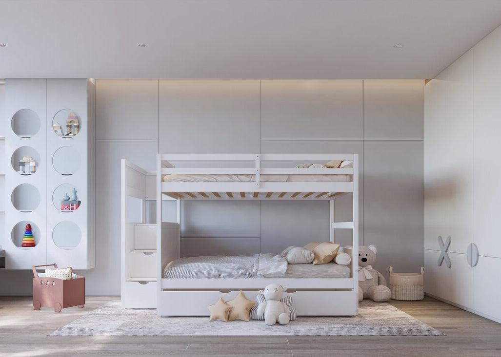 BB51 FULL/FULL Bunk Bed w/Twin Trundle + Staircase Storage