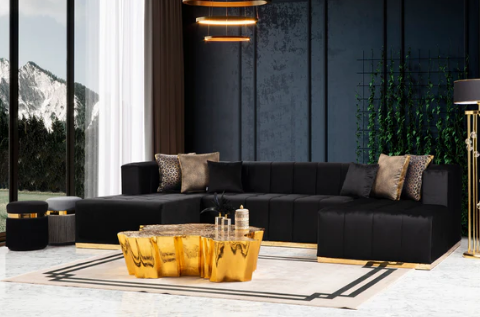 Elisha Black Velvet Double Chaise 140 Sectional