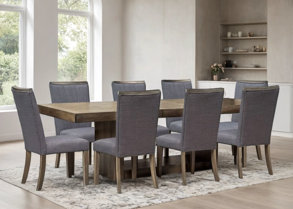 9pcs D901 Wood Finish & Charcoal Fabric Chairs Dining Set