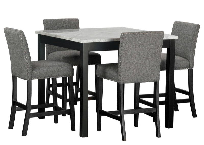 5pcs Dior12 Dark Grey Linen Chairs & Marble Top Pub Dining Set
