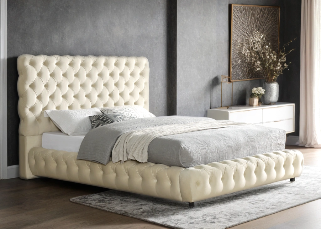 Dream Beige Velvet Tufted Bed Frame