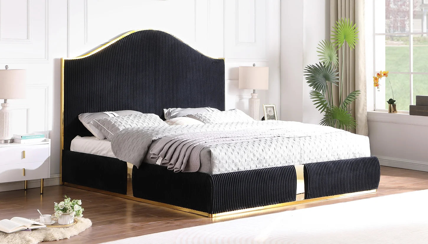 Black Fabric Gold Trim Platform Bed Frame FV FURNITURE