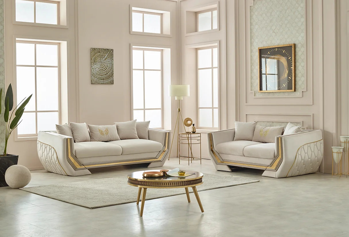 Premium Velvet Beige and Gold Sofa & Loveseat Set