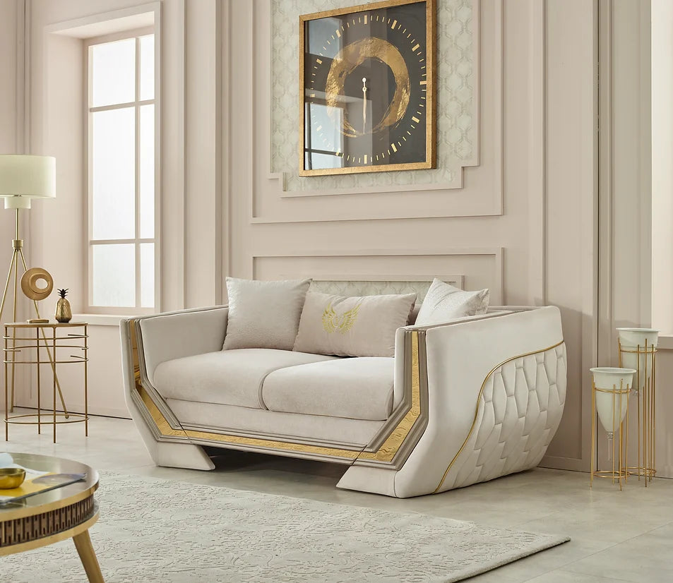 Premium Velvet Beige and Gold Sofa & Loveseat Set