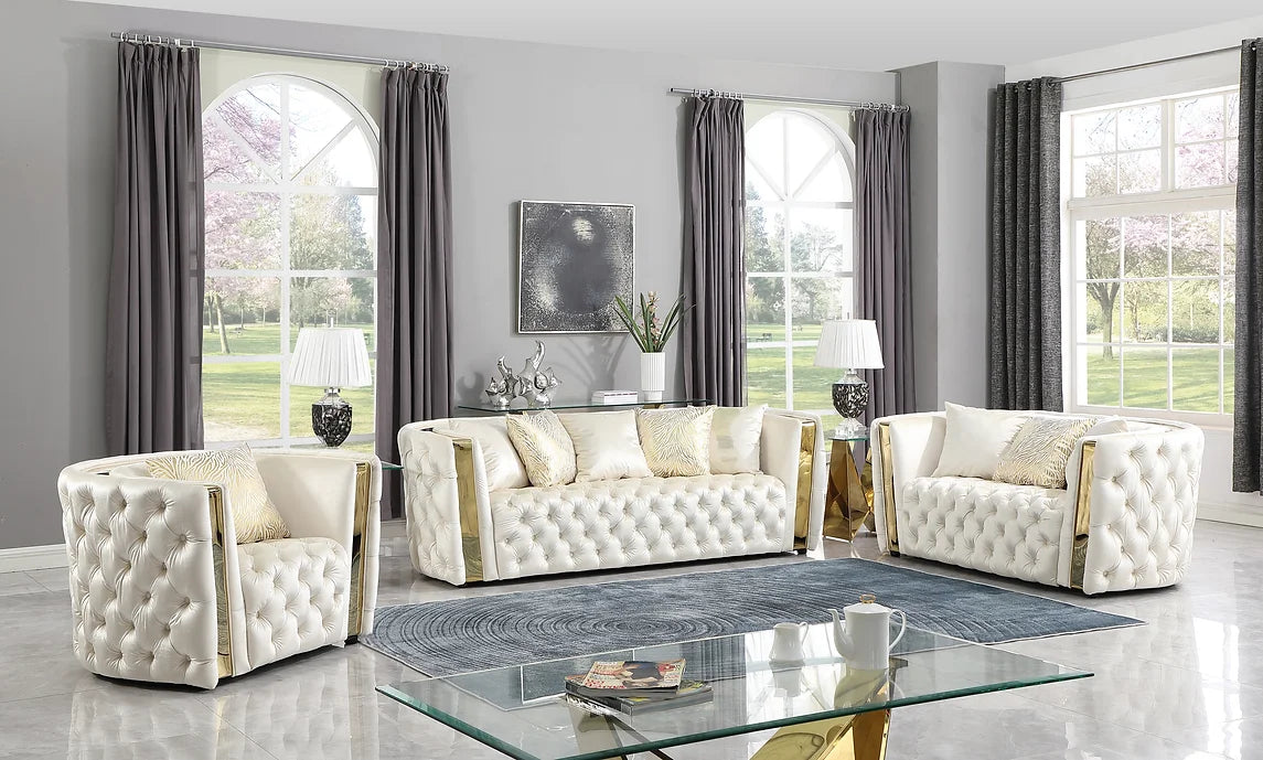 Cream and Gold Velvet Tufted Sofa Loveseat Chair FV FURNITURE