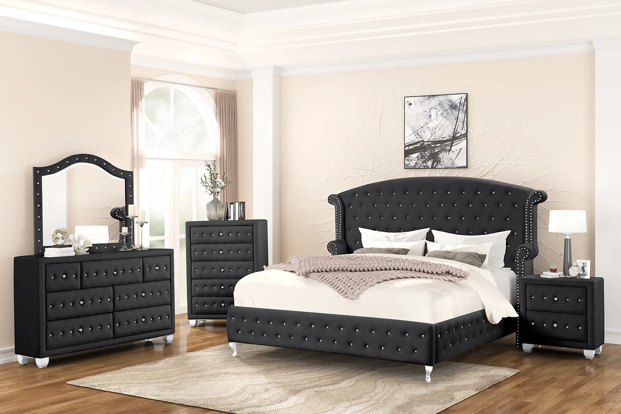 5pcs Black Diamond Velvet Bedroom Set FV FURNITURE