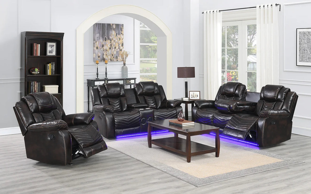 3pcs Lucky Charm Brown Leather Speaker LED Reclining Sofa Set