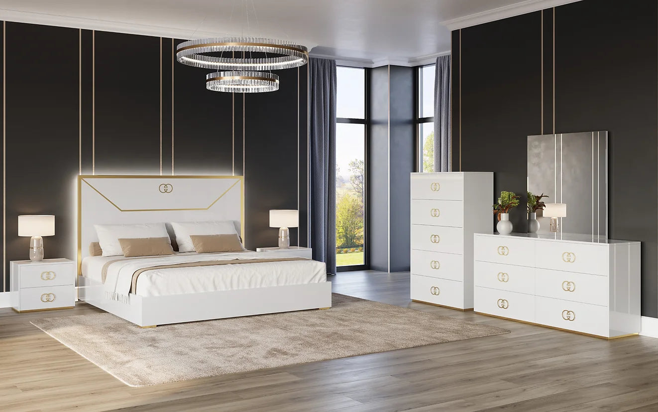 5pcs Vogue White & Gold Bedroom Set