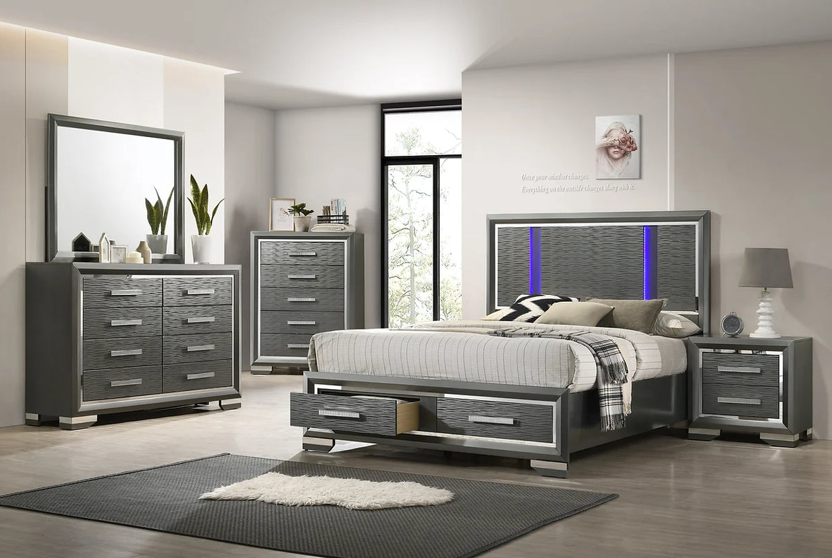 Grey Finish Wood LED 5pcs Bedtoom Set