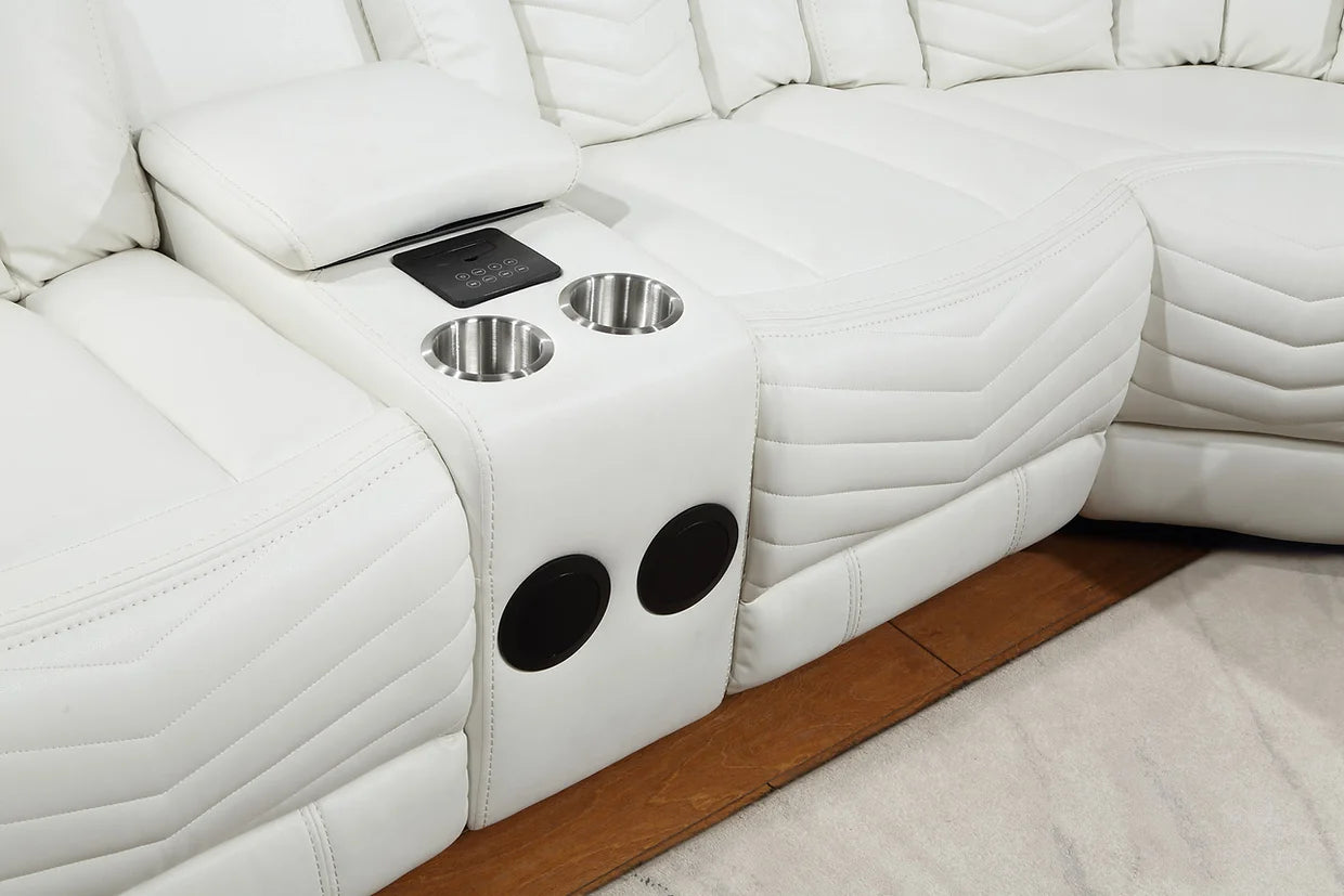 Lucky Charm White Leather LED Reclining Sectional