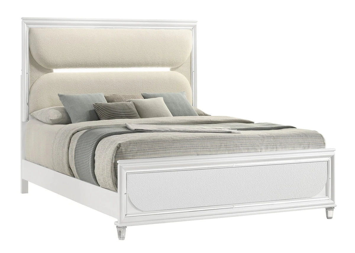5pcs Eden White Wood & Boucle LED Bedroom Set