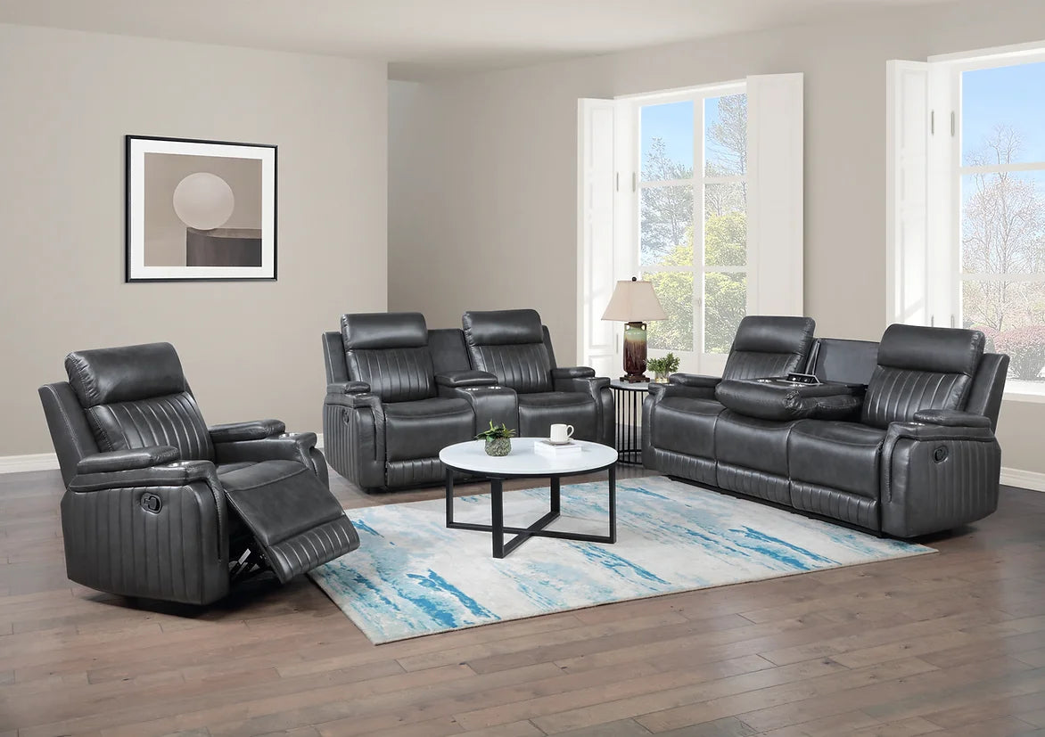 3pcs Ethan Dark Grey Leather Reclining Sofa Set