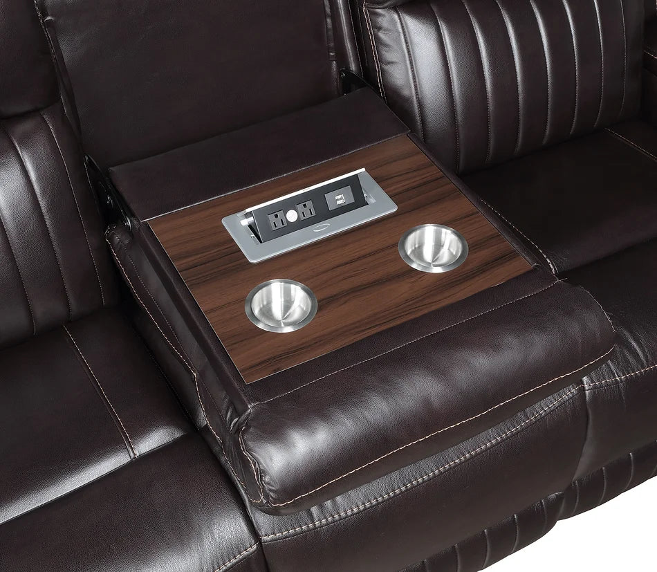 3pcs Ethan Brown Leather Reclining Sofa Set Includes Power Outlet