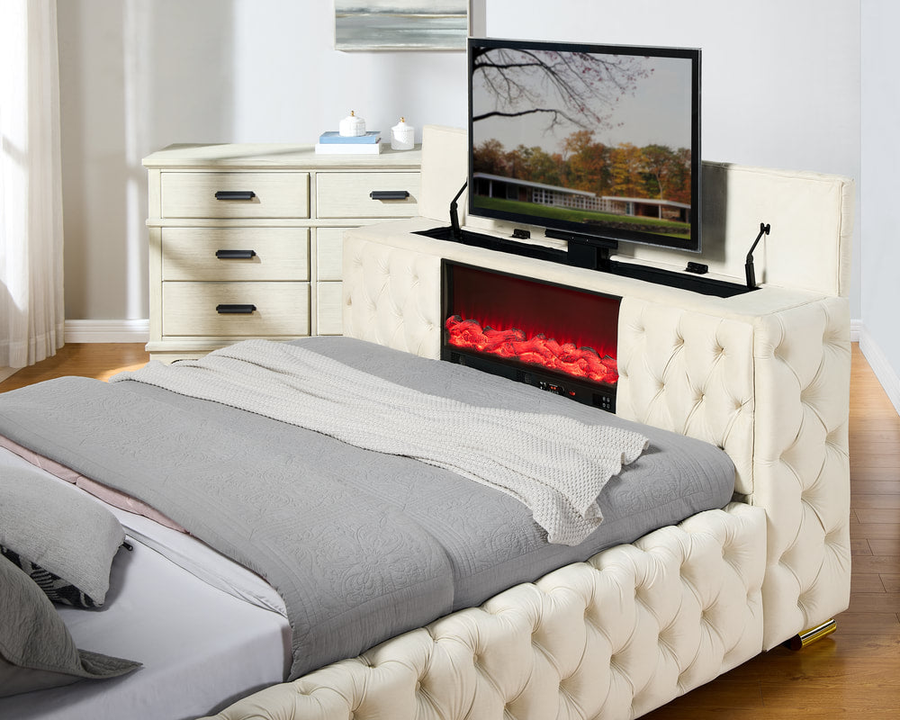 Future Beige Platform Bed Frame with TV Stand