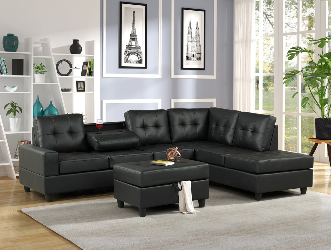 Heights Black PU Leather Reversible Sectional & Ottoman Set