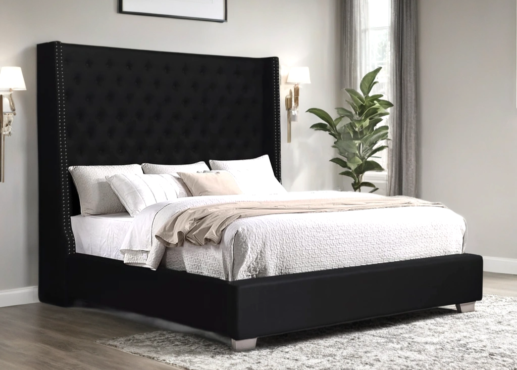 HH220 Black Linen Tufted 6FT Tall Bed Frame