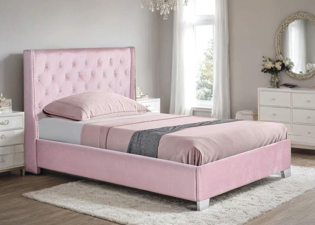 HH321 Pink Velvet Diamond Tufted Bed Frame
