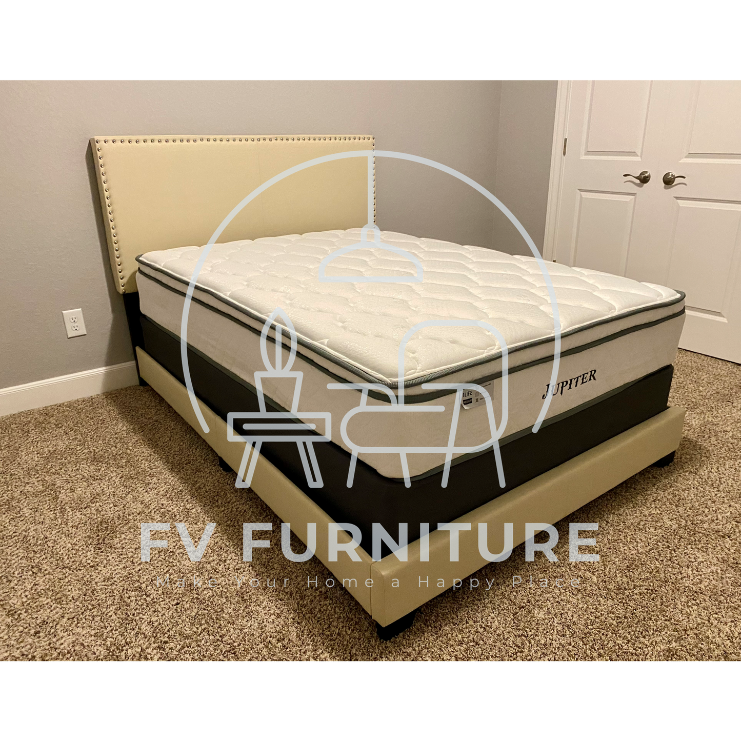 HH515 Beige Linen Fabric Nailhead Trim Bed Frame