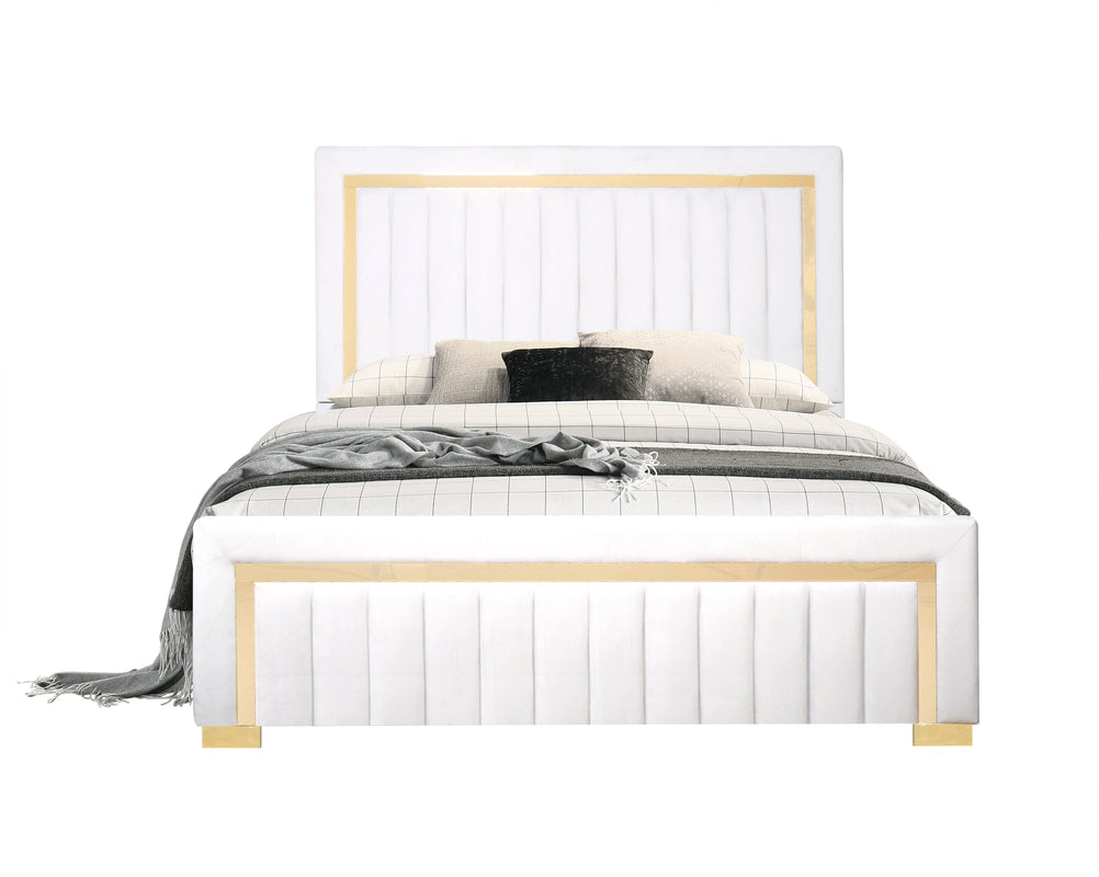 HH810 Beige Velvet Bed Frame with Golden Trim
