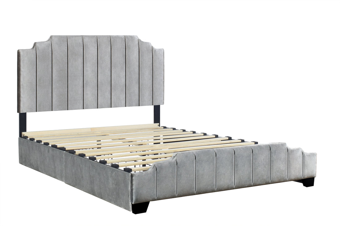 HH970 Grey Velvet Platform Bed w/ Side Storage