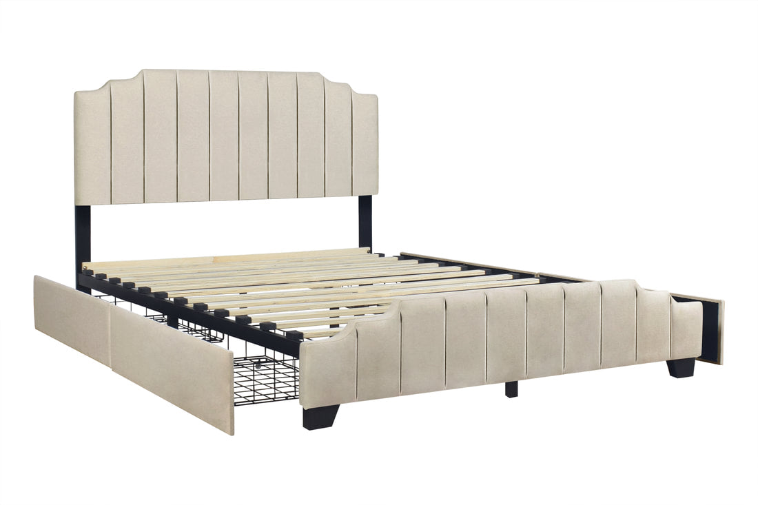 HH975 Beige Velvet Platform Bed w/ Side Storage
