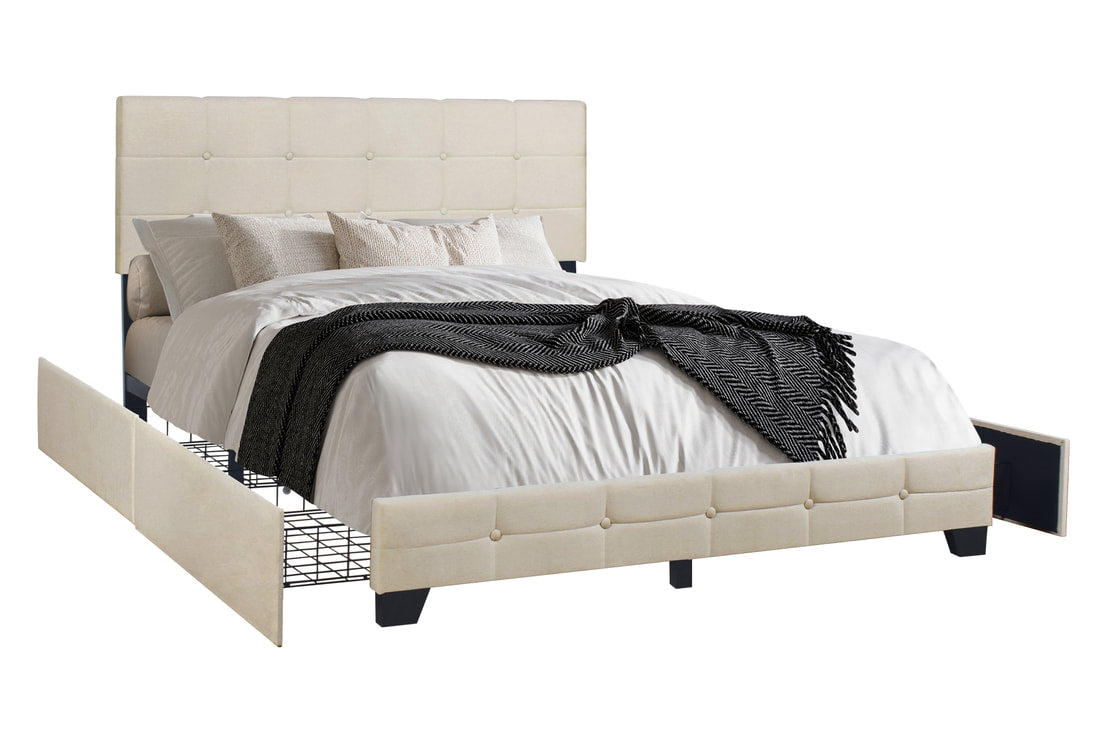 HH995 Beige Linen Platform Bed w/ Side Storage