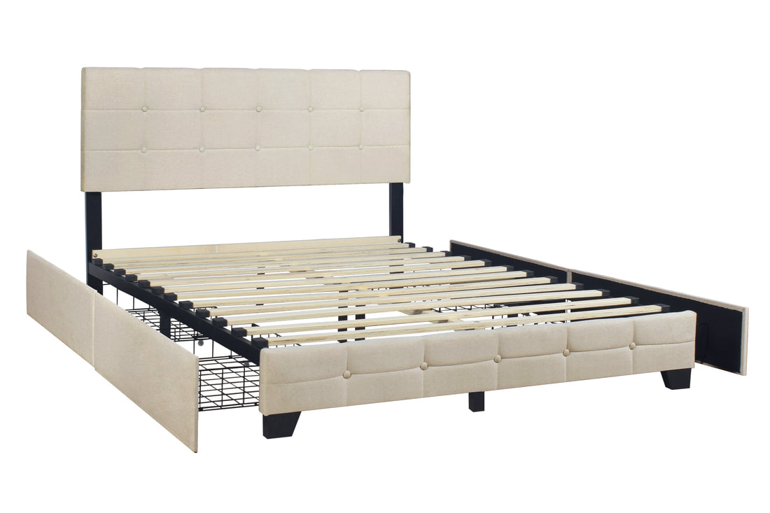 HH995 Beige Linen Platform Bed w/ Side Storage