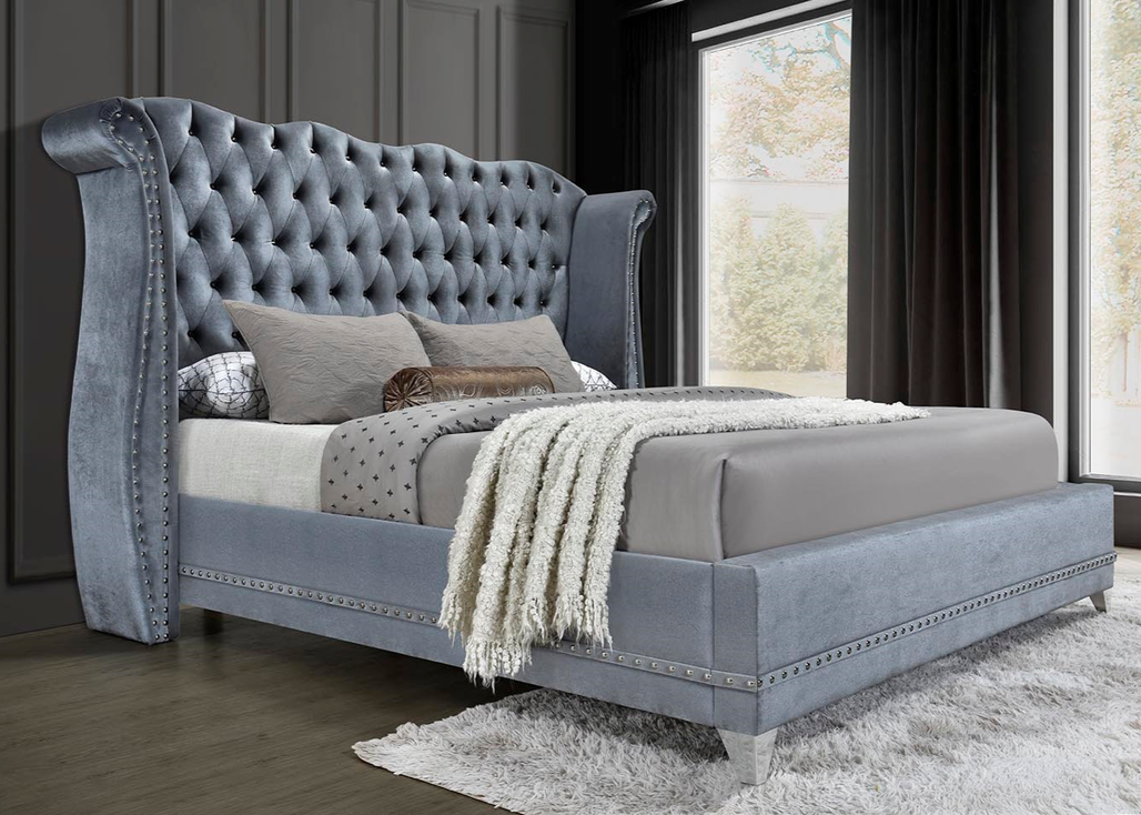 Luxor Grey Velvet Diamond Tufted Platform Bed Frame