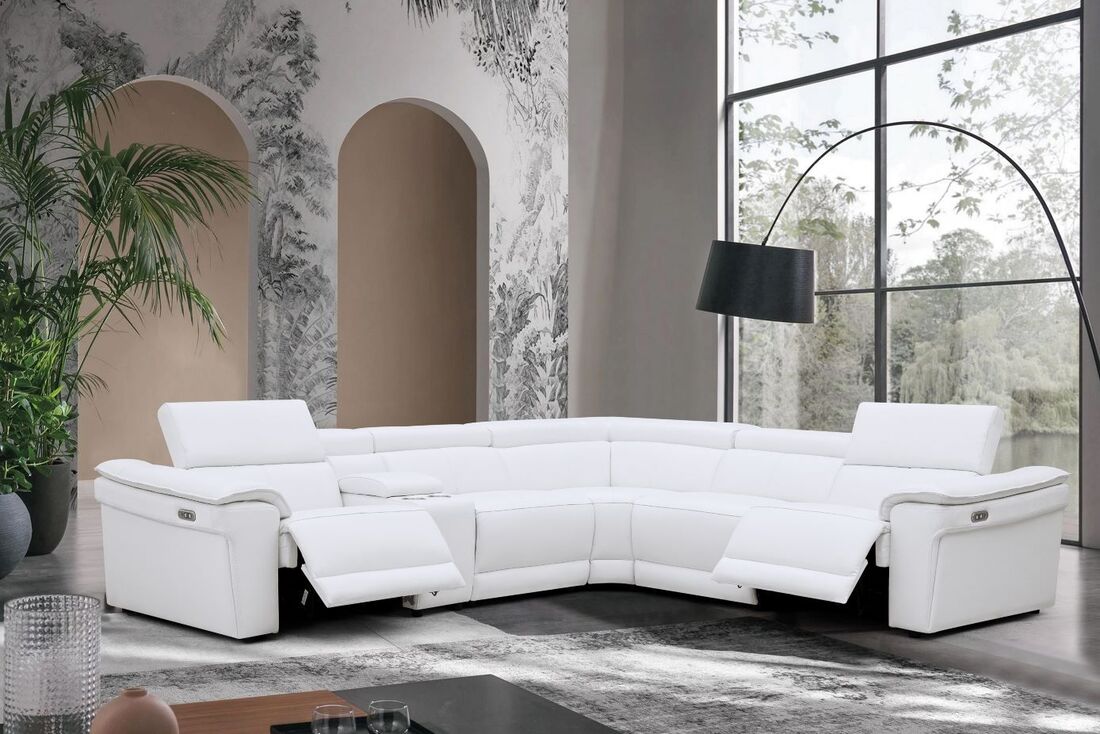 New York White Top Grain Leather Power Reclining Sectional