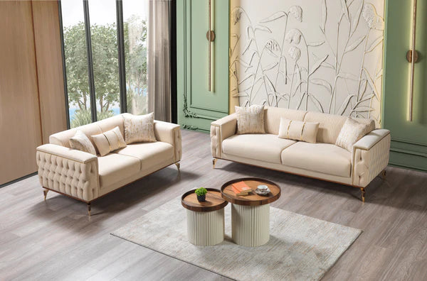 3pcs or 2pcs Belinda Ivory Velvet Sofa, Loveseat & Chair