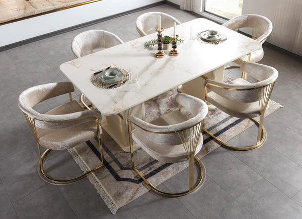7pcs Santana Ivory Marble Finish Dining Set