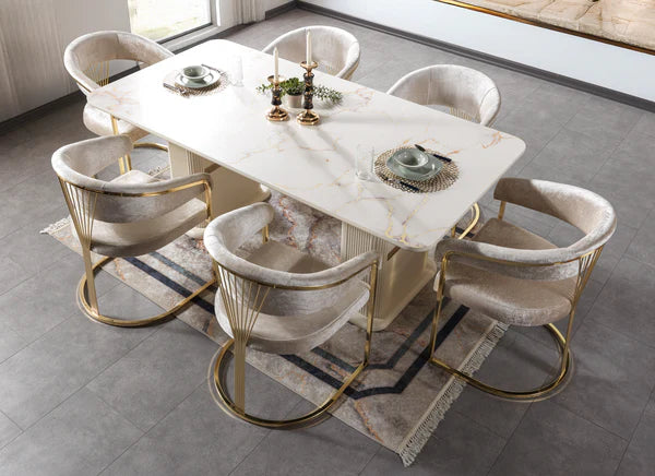 7pcs Santana Ivory Marble Finish Dining Set