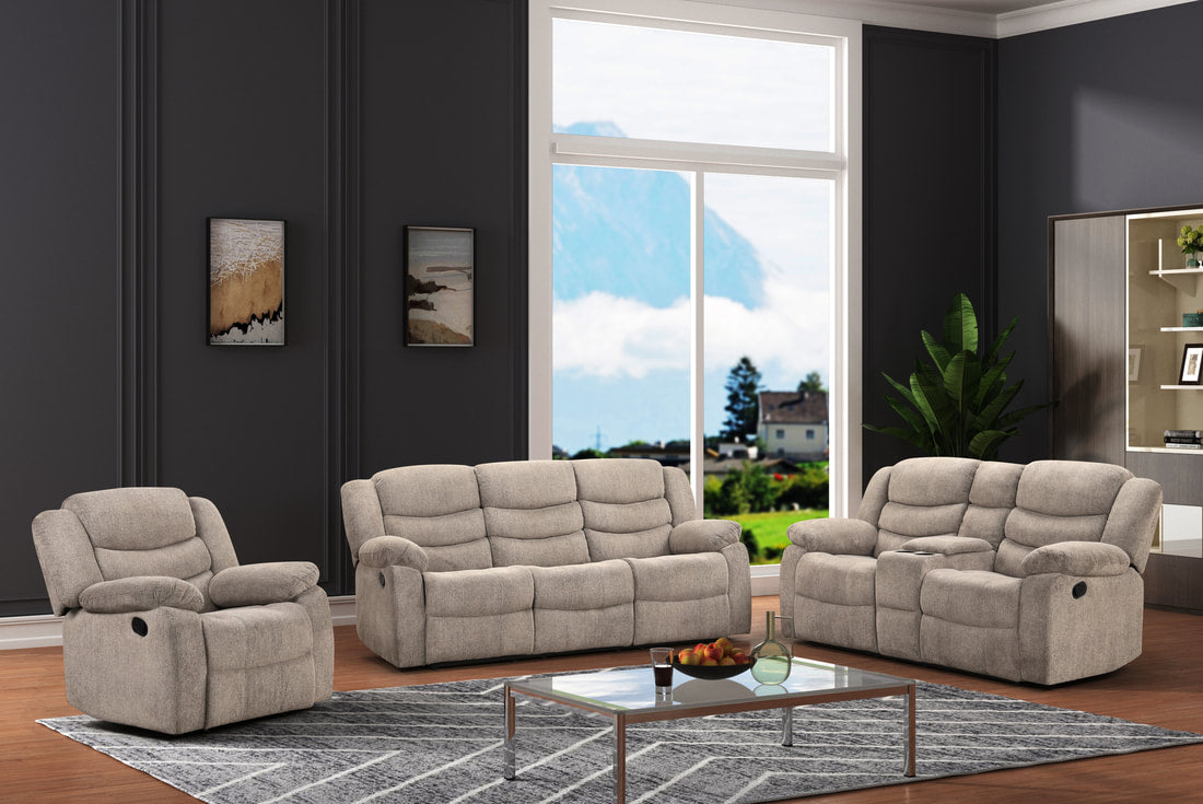 3pcs Warm Grey Fabric Reclining Sofa Set