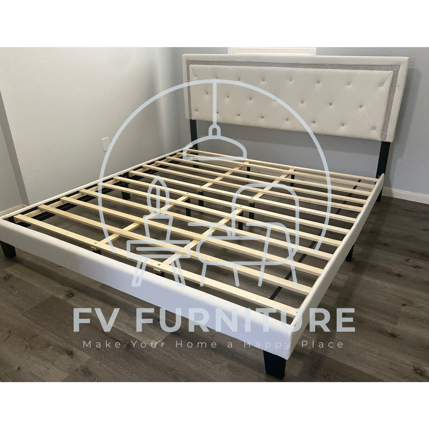 Passion White Diamond Velvet Platform Bed Frame