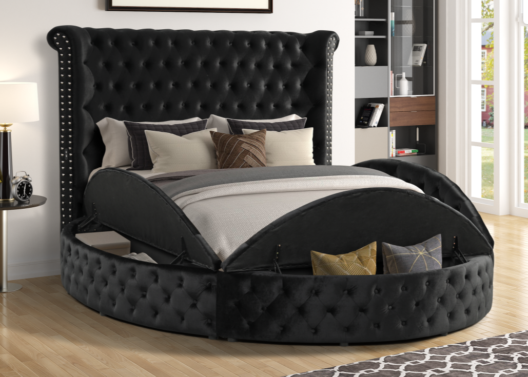 Penthouse Black Tufted Round Storage Platform Bed Frame w/ USB