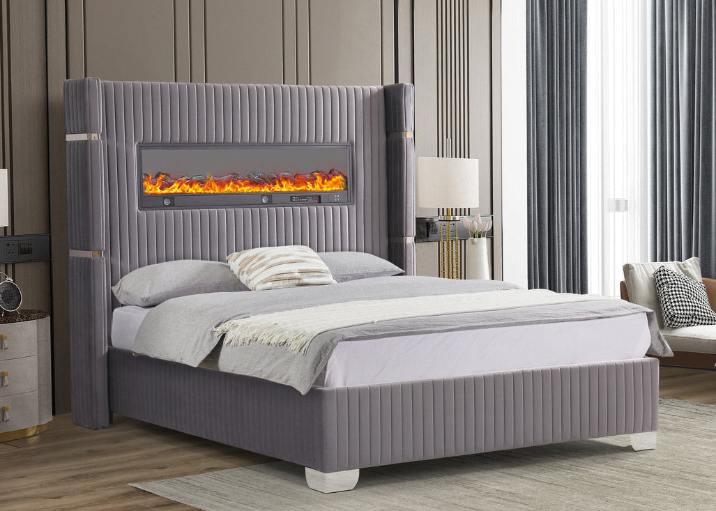 Romance2 Grey Fireplace Velvet Platform Bed Frame