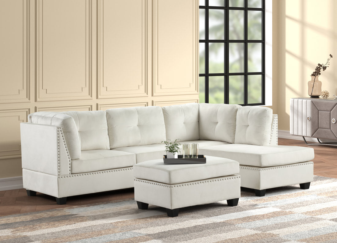 Sienna Beige Velvet Sectional & Ottoman Set
