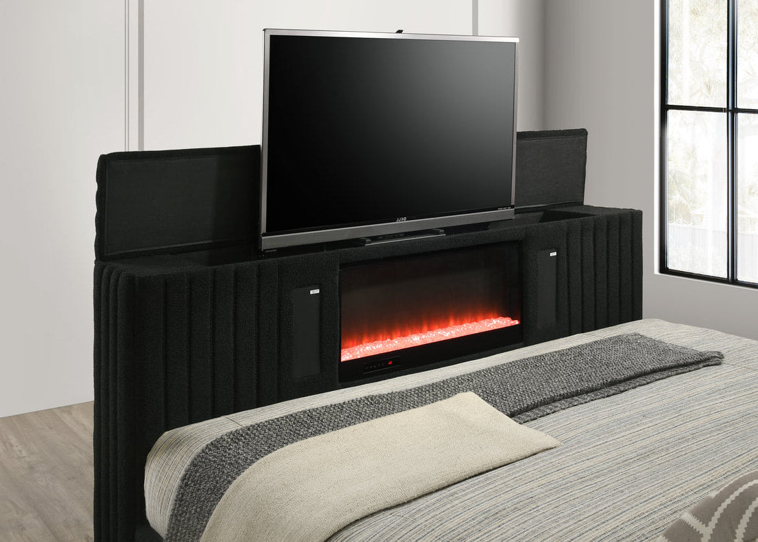 Villa Black Fireplace Velvet Platform Bed Frame