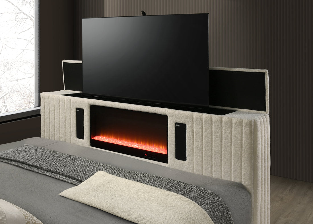 Villa White Fireplace Velvet Platform Bed Frame