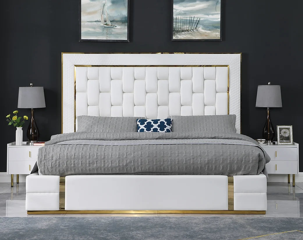 BB700 Marbella White Leather Gold Trim Platform Bed Frame