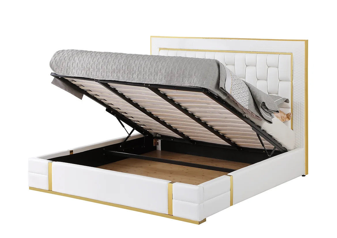 BB700 Marbella White Leather Gold Trim Platform Bed Frame