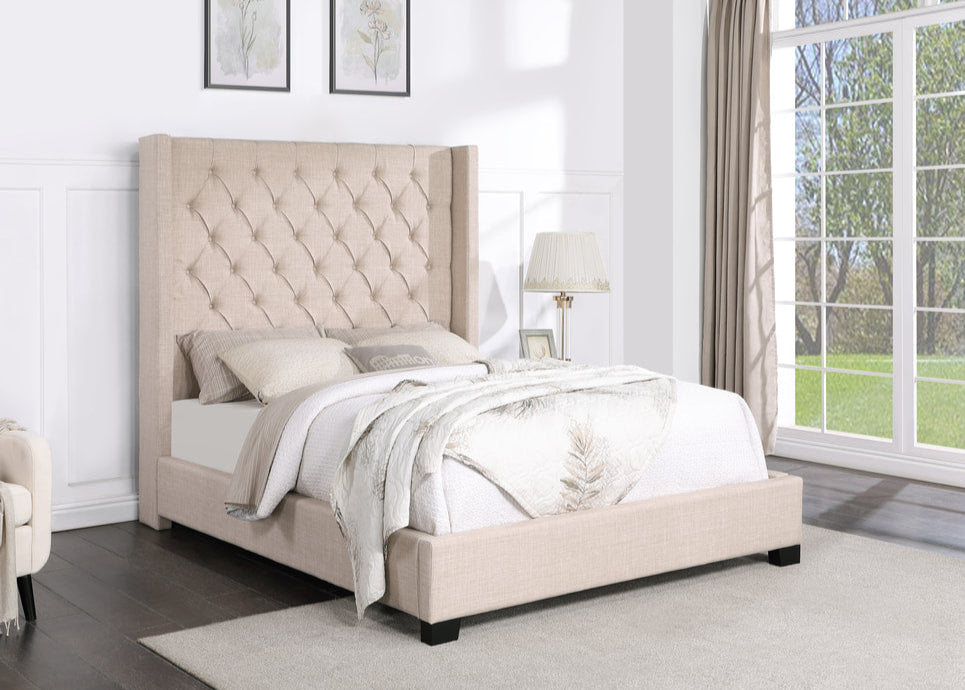 HH403 Beige Linen Tufted 6FT Tall Bed Frame