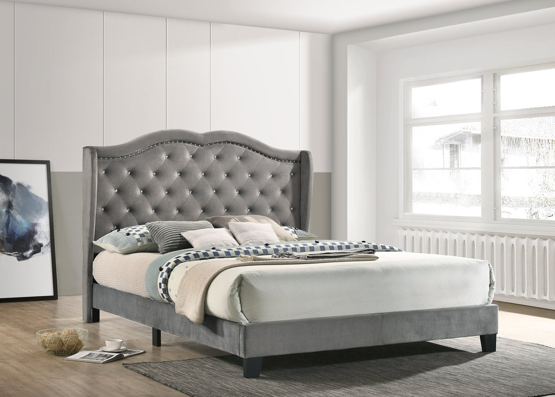 Paradise Grey Velvet Diamond Platform Bed Frame