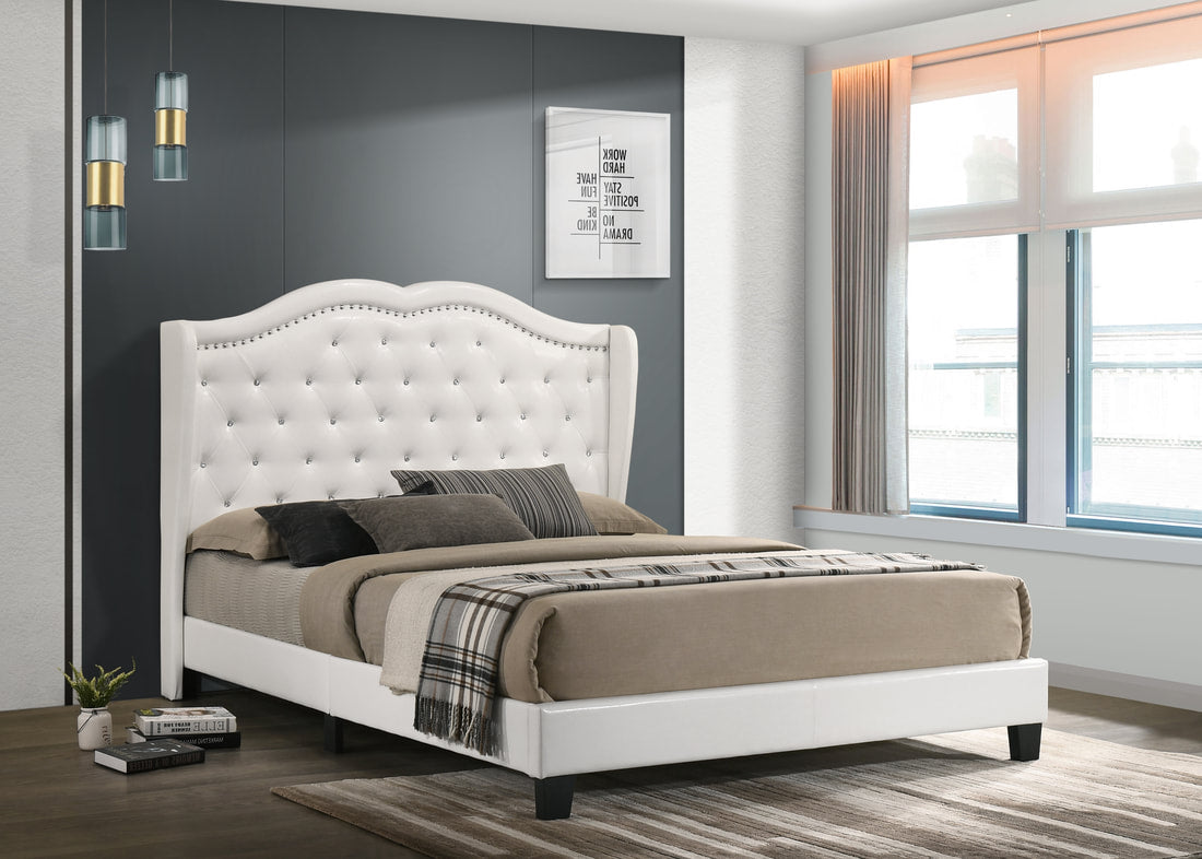 Paradise White Leather Diamond Platform Bed Frame