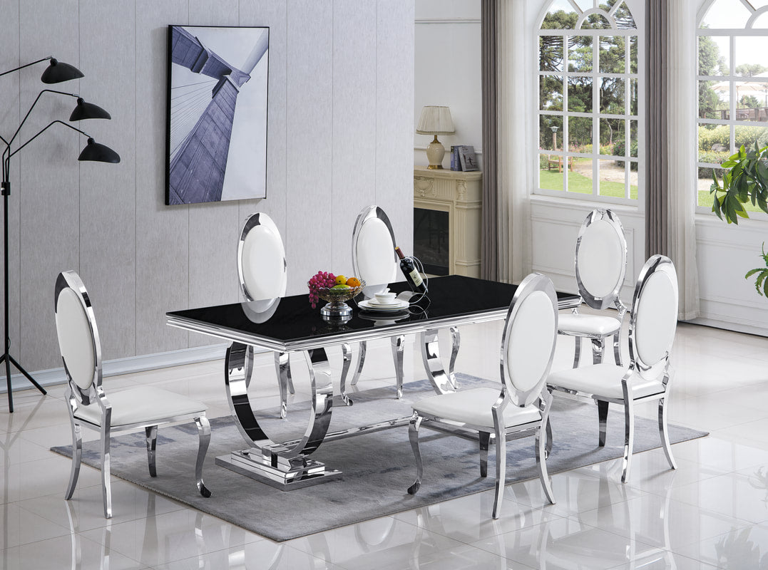 7pcs Metal Table with 6 White PU Leather Dining Set