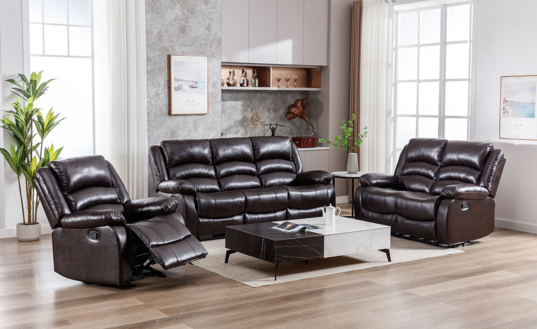 3pcs Brown Espresso PU Leather Reclining Sofa Set