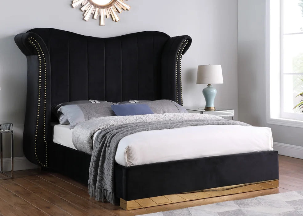 Luna Black Velvet Metal Trim Platform Bed Frame