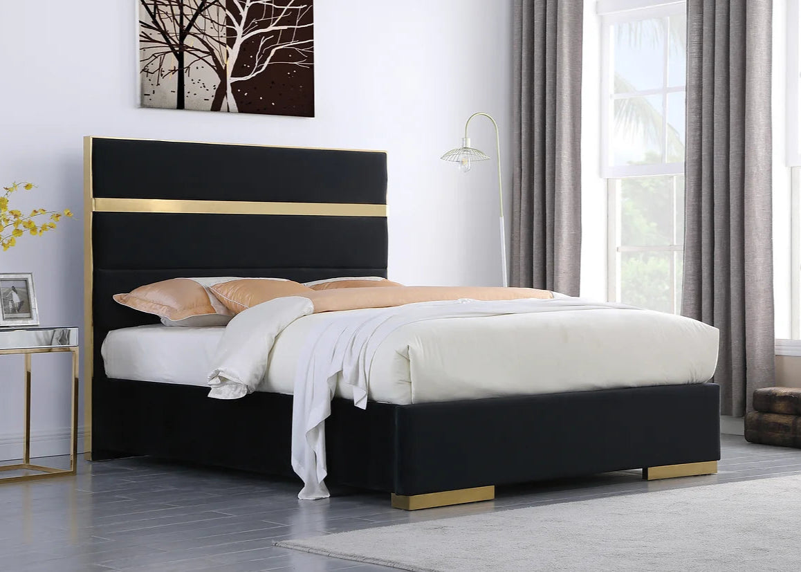 Cartier Black & Gold Velvet Platform Bed Frame