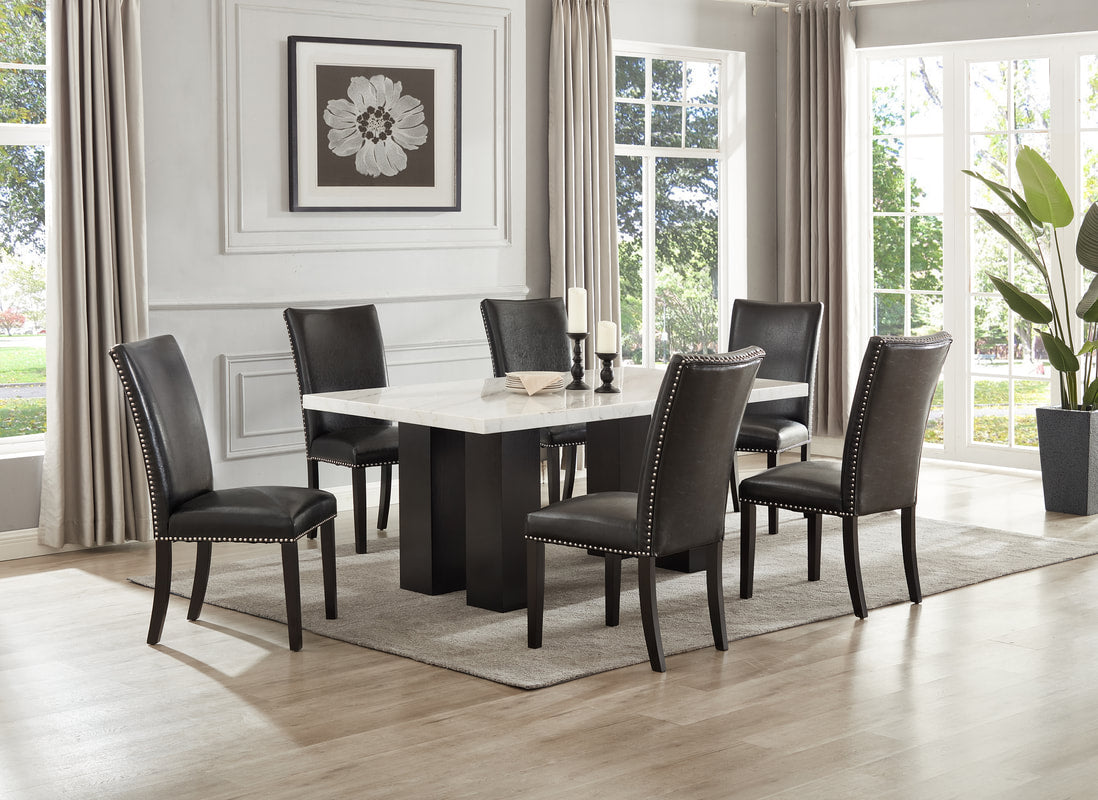 7pcs Rectangular Genuine Marble Table Top with Black PU Chairs DIning Set