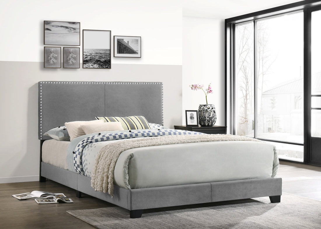 HH530 Grey Velvet Nailhead Trim Bed Frame